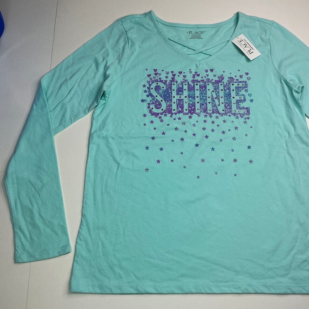 The Children's Place Iced Mint Graphic Tee Kids XL 14 Long Sleeve Shine Glitter - Picture 3 of 15